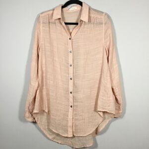 Pinky peach wide weave gauze fabric button down shirt 100% cotton lightweight L